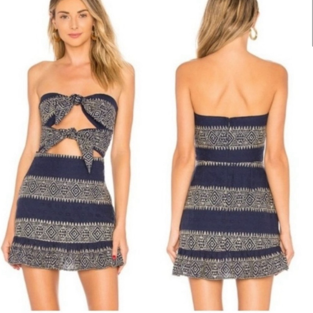 Tularosa Anna Front Tie Mini Dress Navy & Tan
